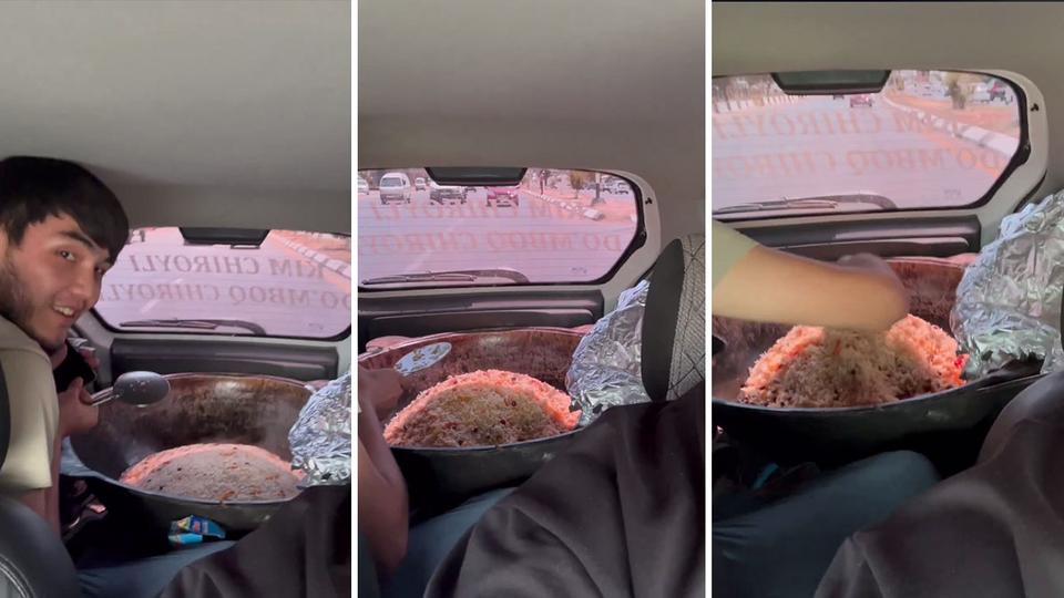 Toshkentda haydovchi moshina boshqaruvida kabob pishirdi