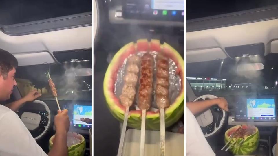 Toshkentda haydovchi moshina boshqaruvida kabob pishirdi